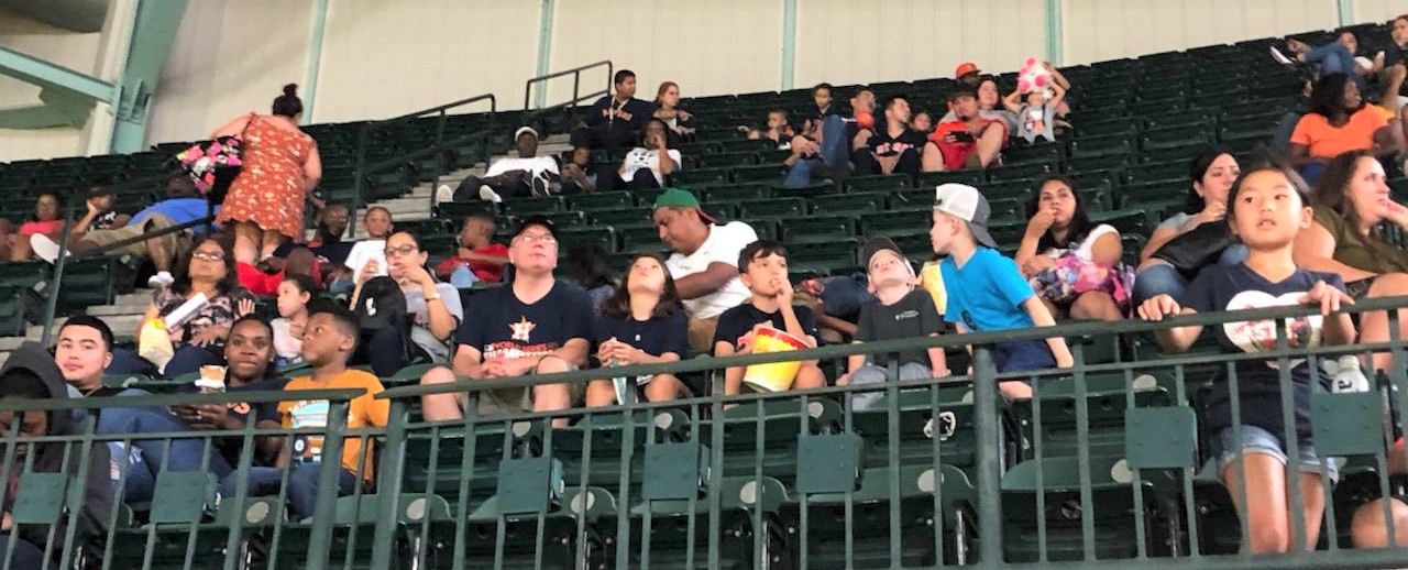 A group of people sitting in the stands at a baseball game.